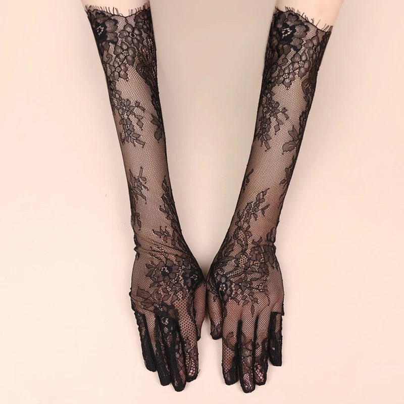 Long Sexy Mesh Gloves Halloween Wedding Accessories Female Elasticity Black Lace Thin Transparent Hollow Out Sleeves