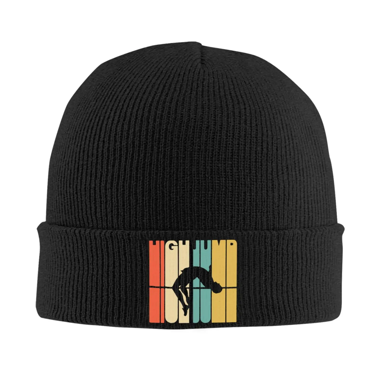 Vintage Retro High Jump Silhouette Beanie One Size Unisex Winter Knit Hat Track And Field Graphic Warm Cuffed Beanie Cap