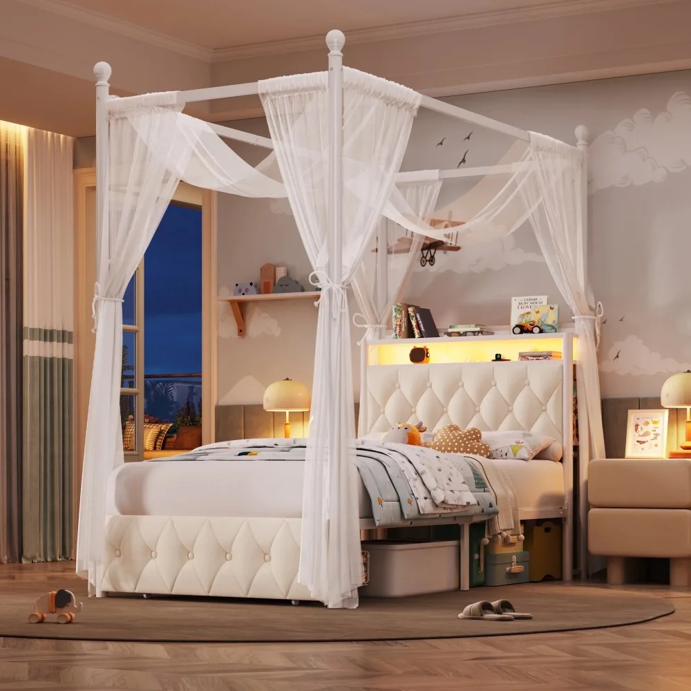 Modern Twin Size Upholstered Princess Canopy Bed with Charging Station & Storage Drawer, LED Beds with 4 Removable Posts