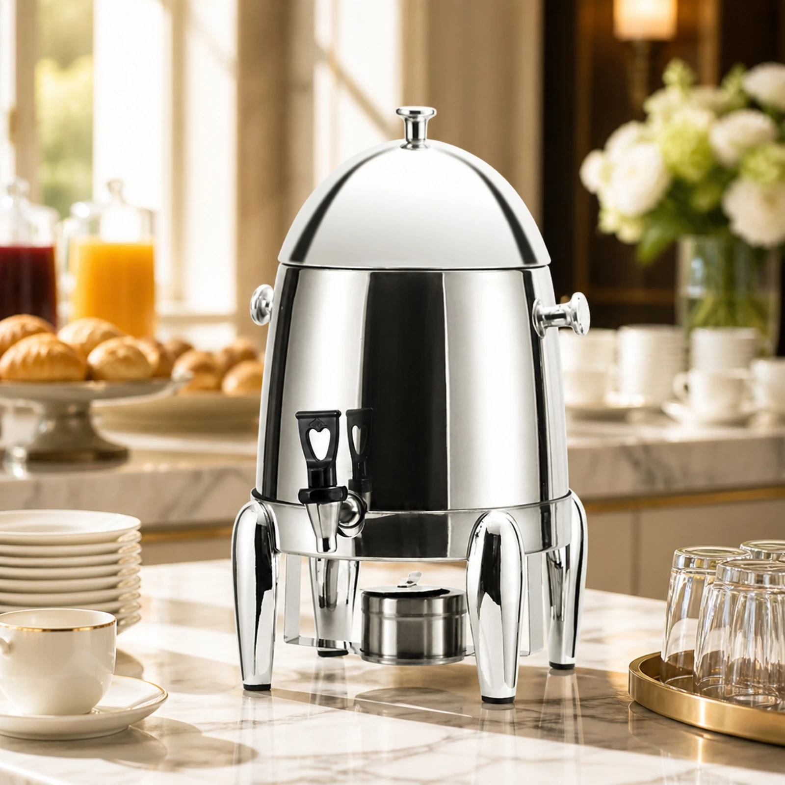 12 L Countertop Beverage Dispenser Low-Mess Beverage Dispenser with Alcohol-Heating Base Polished Silver-Tone
