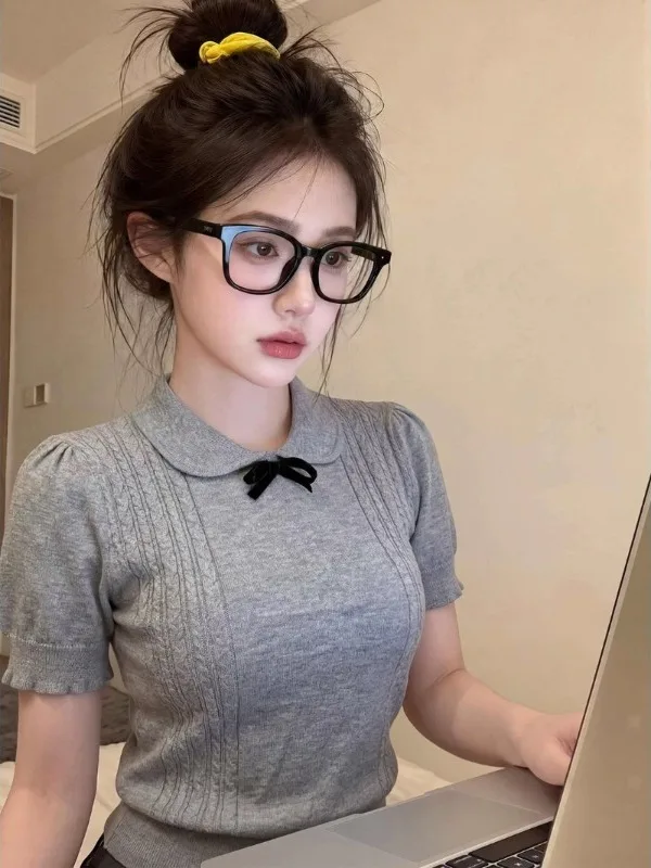 

Gray Doll Collar Knitted Short Sleeve T-Shirt Women's Summer Slim Fit Knot Top Casual Style Medium Softness Thin