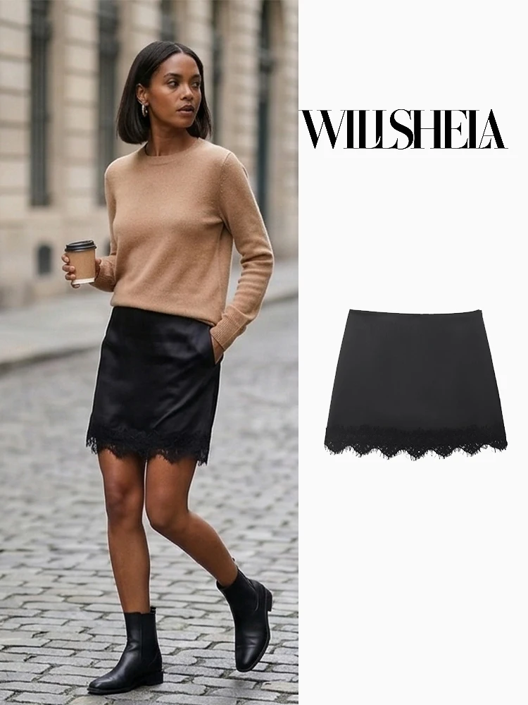 

Женские модные однотонные мини-юбки-шорты Willshela с боковой молнией и кружевным краем, винтажные шорты с высокой талией, шикарные женские шорты