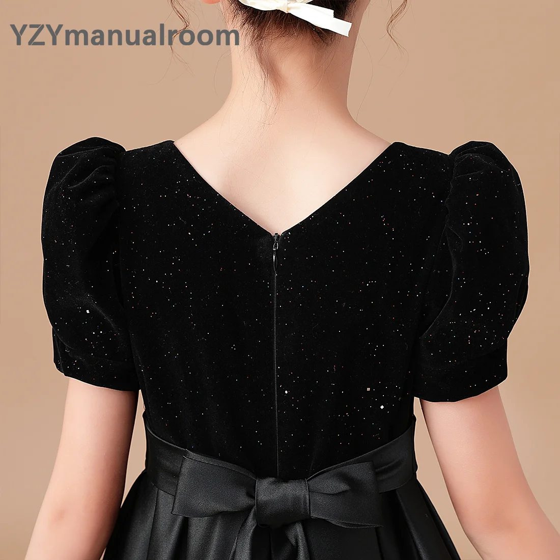 YZYmanual-vestido de princesa plissado de veludo para meninas, vestido de cetim, concurso, florzinha longo, preto, high-end, júnior, elegante