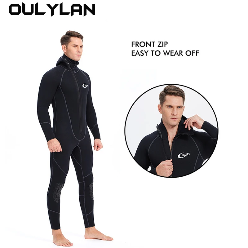 Oulylan 5mm Neoprene Wetsuit Men One-piece Front Zipper Hooded Diving Suit Keep Warm Surf Suit Wetsuit Water Sports Equipment