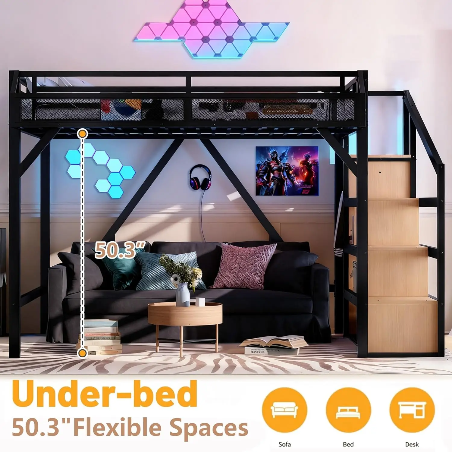 Twin XL Bed with Storage Stairs Shelves Wardrobe LED USB Noise-Reduced Natural Wood, Customized image 3