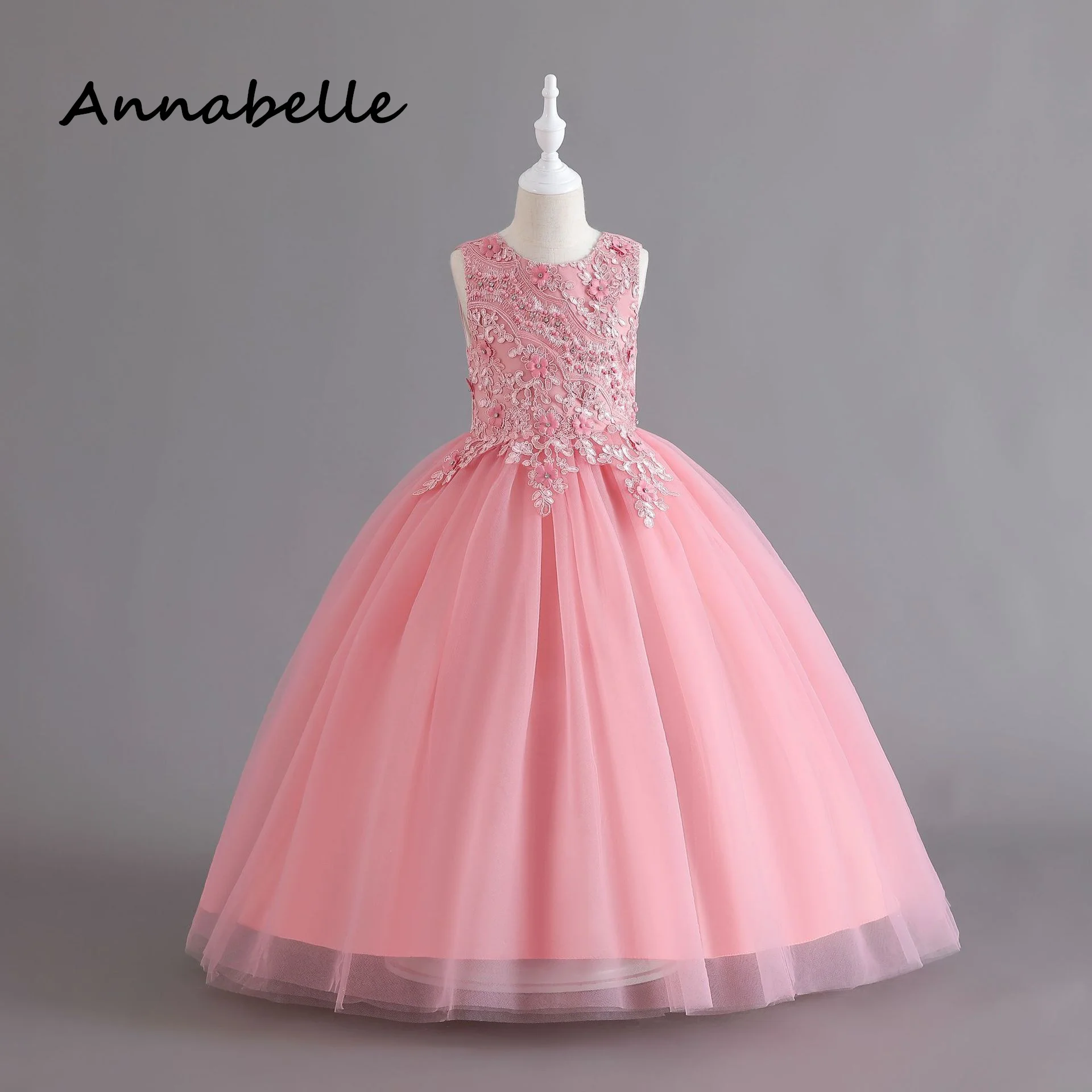 Annabelle Flower Girl Princess Dress Baby Girl Ceremony Birthday Puffy Appliques For Wedding Party Bridesmaid Bow Dresses