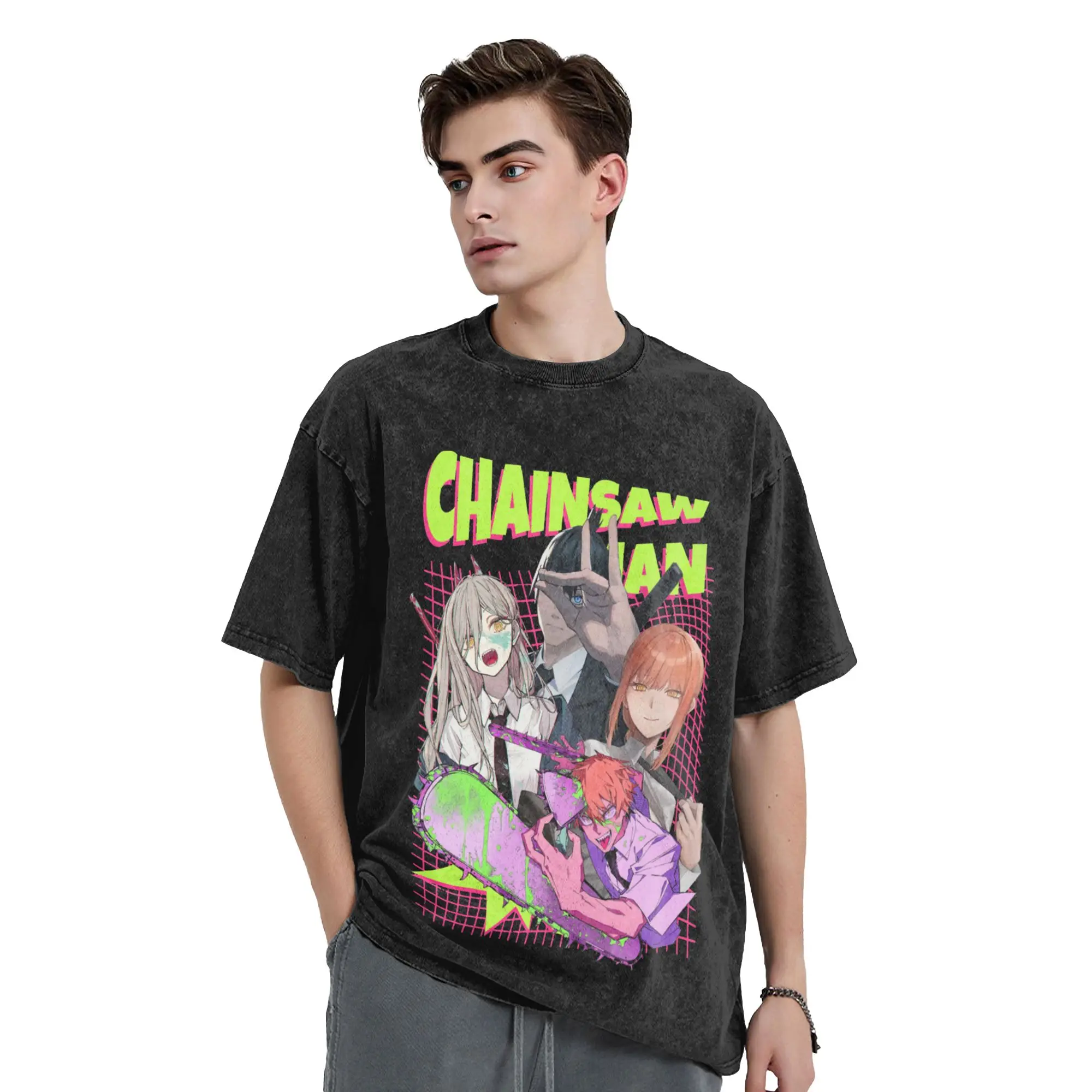 Retro Chainsaws man Vintage Washed Tshirts Unisex O-neck Short Sleeve Top Tee Anime Manga Cotton Summer Top Tee