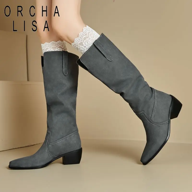 

ORCHA LISA Fashion 2025 Leisure Women's Knee High Boots Square Toe 5.5cm Chunky Heel Slip On Large Size 45-48 Retro Soft Daily