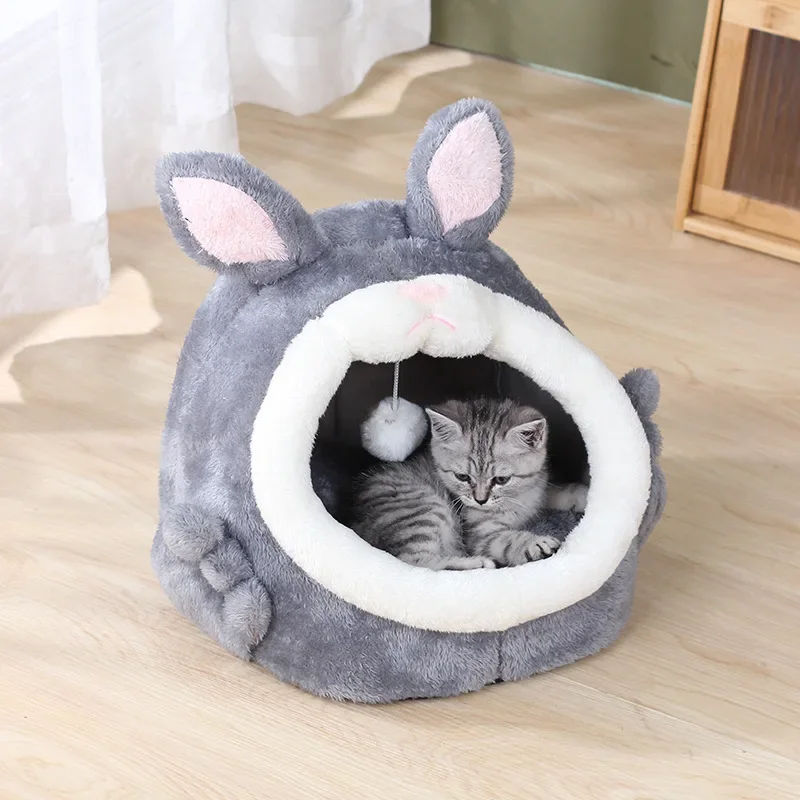 Pink Small Cat Bed for Indoor Tent Plush House Rabbit Design Kitten Bed with Pompom Cute Soft Cat Plush Bed