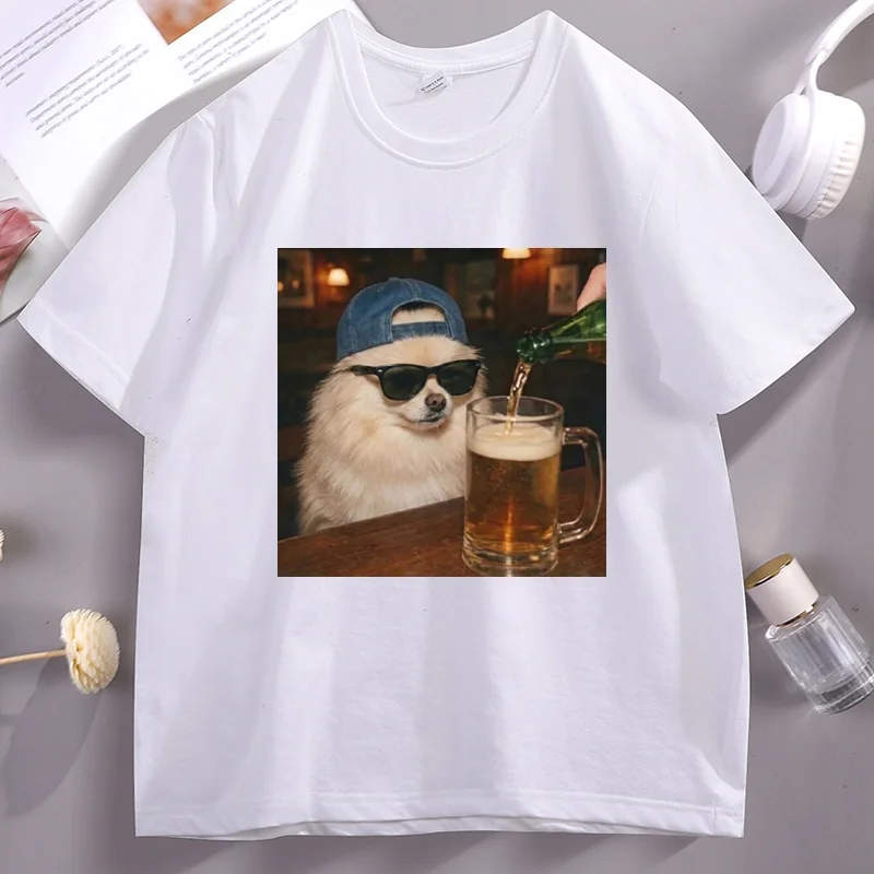 Funny Pomeranian Drinking Beer Dog T Shirt Dog Meme Graphic Tee Dog Lover Gift Fathers Day Man Clothes Streetwear