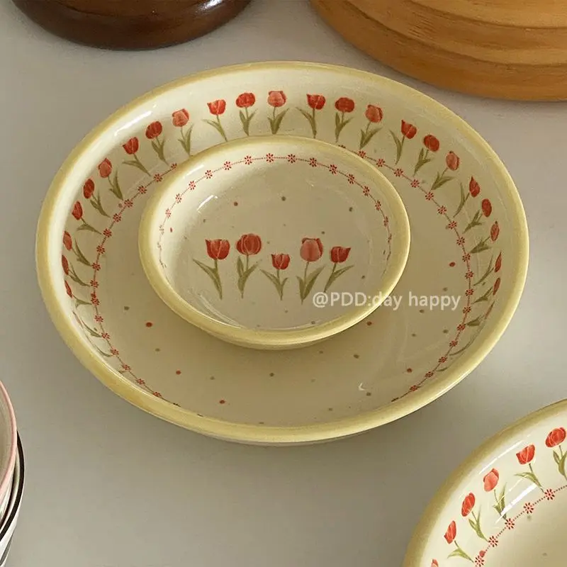 Pastoral Plate Creamy Yellow Floral Ceramic Plate Korean Warm Tableware Underglaze Colored Dishes Desserts Western Food Plate