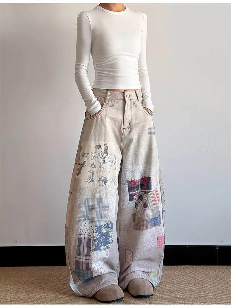 Women's Jigsaw Print Pattern Street Casual Pants Y2k Color Blocking High Waist Trousers Female Retro Bottoms Wide Leg Sweatpants