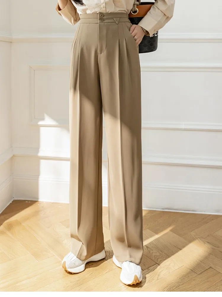 

Spring Summer New High-Waisted Straight Pants Commuting Elastic Trousers Tooling Hanging Wide Leg Trousers Women