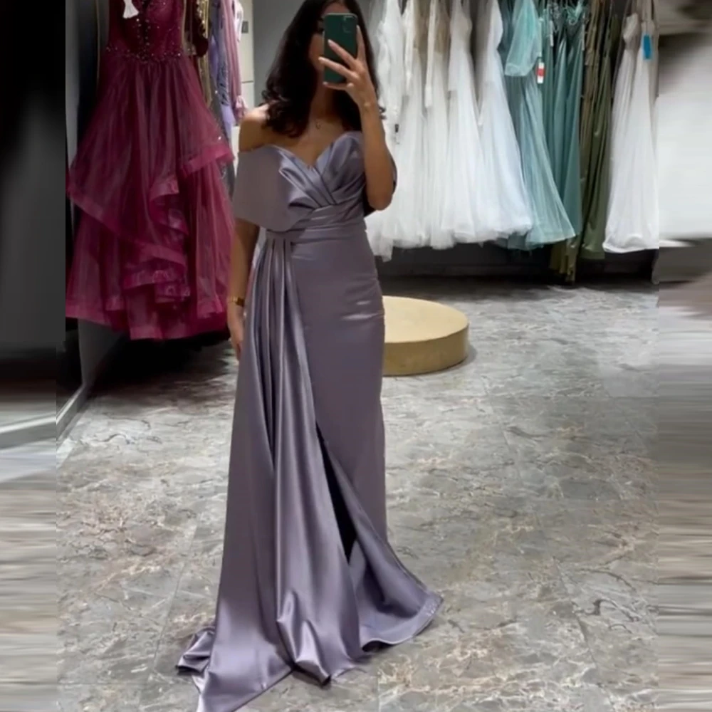 Carolina Off Shoulder Evening Dresses Women Saudi Arabia A-Line Violet Satin Vintage Wedding Guest Elegant Formal Party Gowns