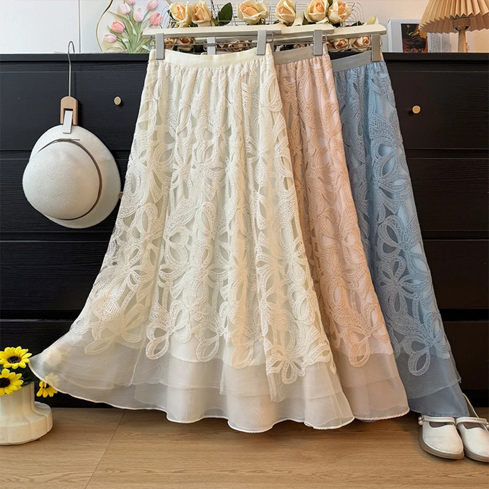 

Юбка-миди с вышитым цветочным узором, кружевная юбка трапециевидной формы во французском стиле, минималистичный дизайн, длинная юбка с высокой талией, женская одежда