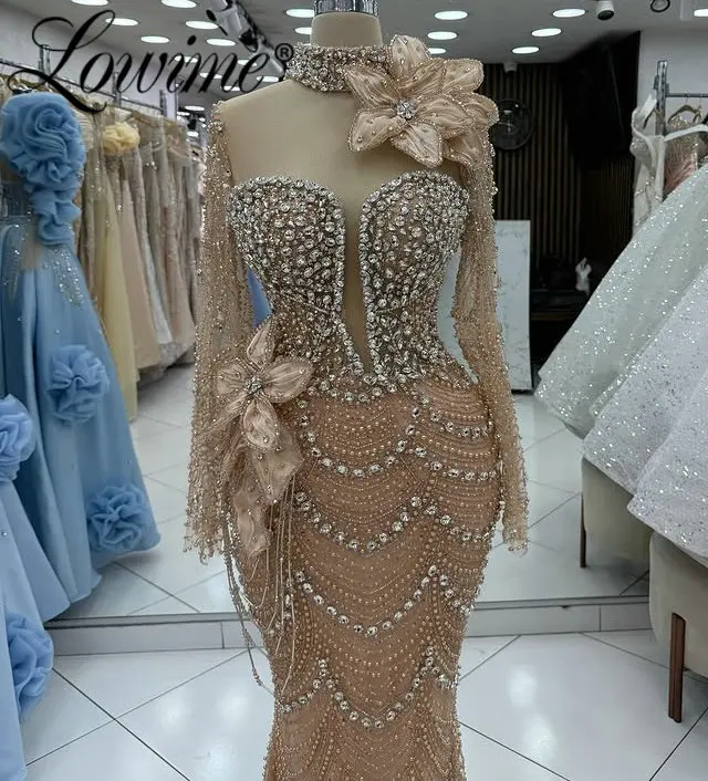 スパークリングダークシャンパンハイネック長袖イブニングドレスカスタマイズされたエレガントな結婚式のプロムナイトパーティードレス女性用