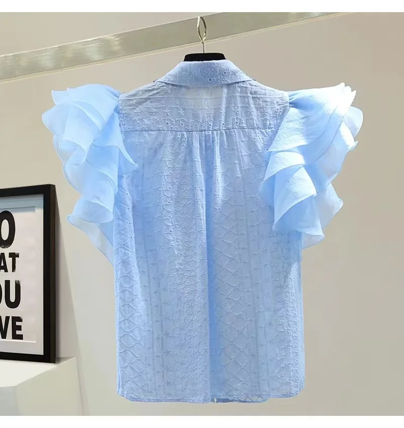 Luxury 2024 Summer Blue Shirt Ruffles Short Sleeve Diamonds Stitch Collar Shirts Blouses For Women Sweet Chic Tops Blusas