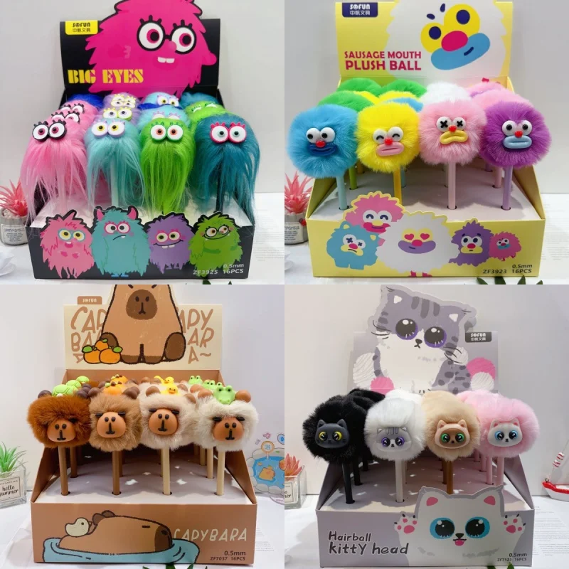 

16pcs Cartoon Fried Hair Gel Pen Fun Funny Expression Pen Plush Shape 0.5 Black Signature Pen Student Stationery Gift Wholesale