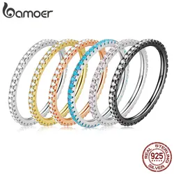 Bamoer Genuine Fashion Rainbow Ring for Women Beautiful Zircon 925 Sterling Silver Color Ring Fine Wedding Jewelry GAR168