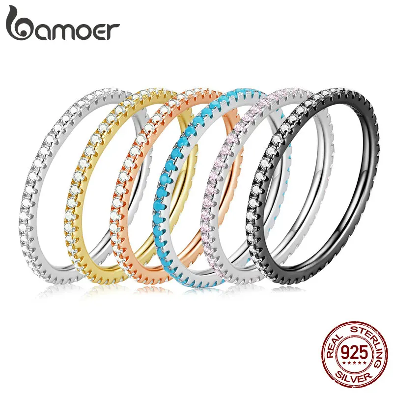 Bamoer Genuine Fashion Rainbow Ring for Women Beautiful Zircon 925 Sterling Silver Color Ring Fine Wedding Jewelry GAR168