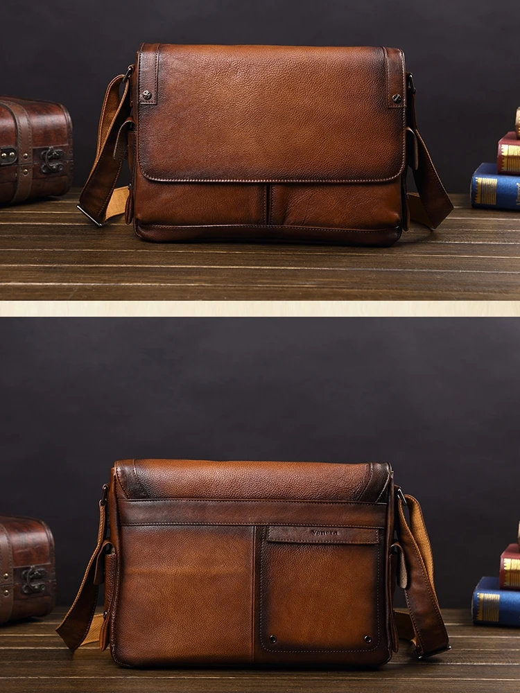 Business Casual Leather Men's Bag Shoulder Messenger Bag Laptop Handbag Retro Male Briefcase Vegetable Tanned Head Layer Cowhide