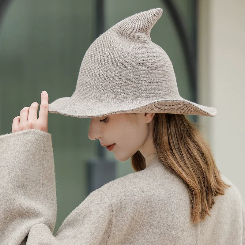 women modern witch hat men Along the sheep wool cap knitting fisherman hat Female fashion witch pointed basin bucket hat