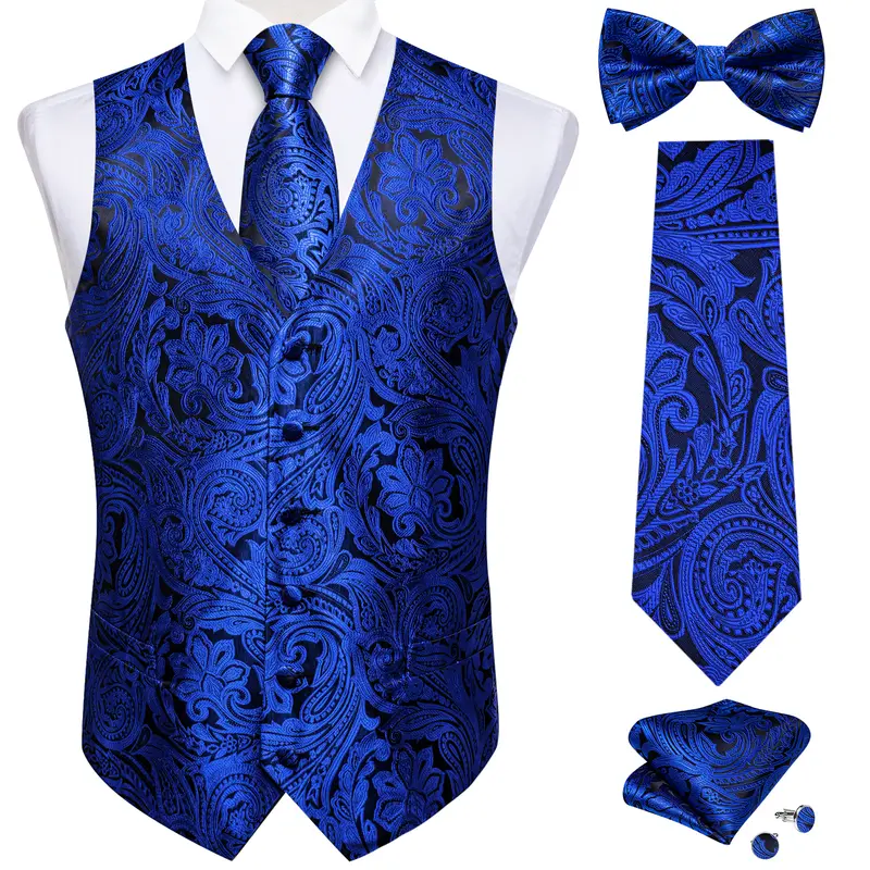 Men Black Paisley Vest Necktie Bowtie Pocket Square Cufflinks Dress Set жилетка мужская Classic 5 PCS Business Waistcoat for Man - Image 18
