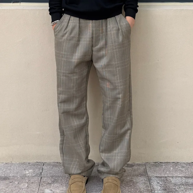 Light Luxury Old Money Style American Thousand Bird Grid Casual Pleated Straight Trousers Straight Loose Thickened