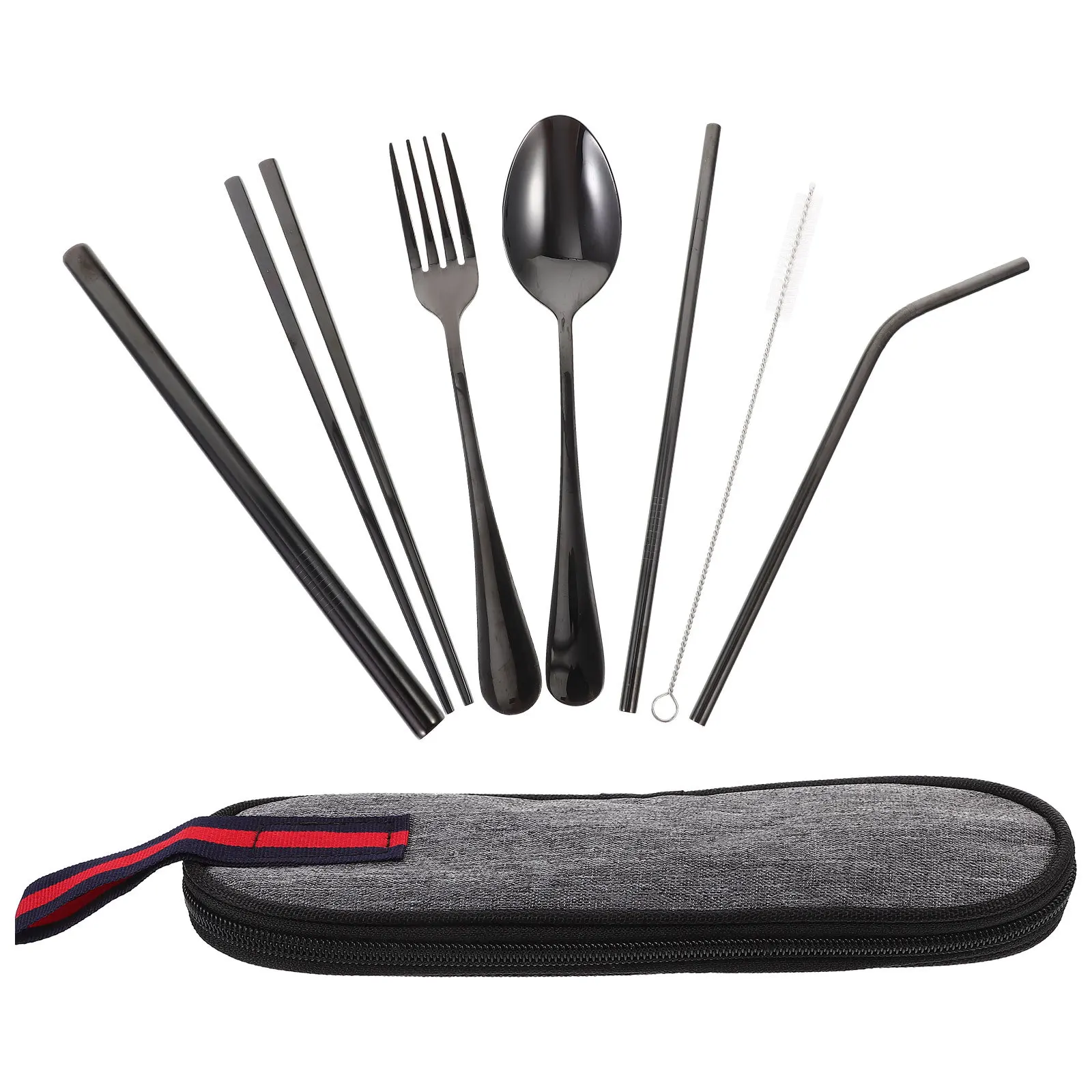

1Set Stainless Steel Travel Tableware Portable Fork Spoon Chopsticks Straw Cleaning Brush Storage Bag Camping Outdoor Set