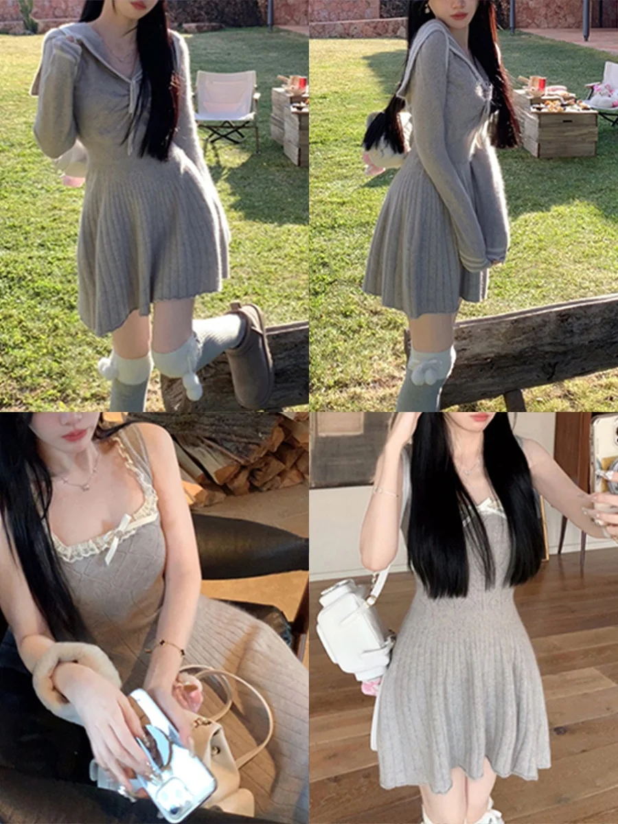 

Big Sister's Knitted Dress with Velvet Navy Collar Fashionable Woolen Top for Women Spring 2024 Stylish Ensemble