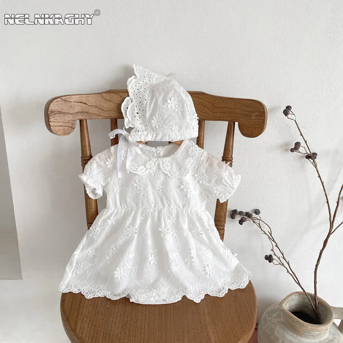 Summer Princess: Newborn Baby Girl Embroidered Flower Lace Bodysuits Infant Kids One-pieces Gift Hat Toddler Clothes Set 2pcs
