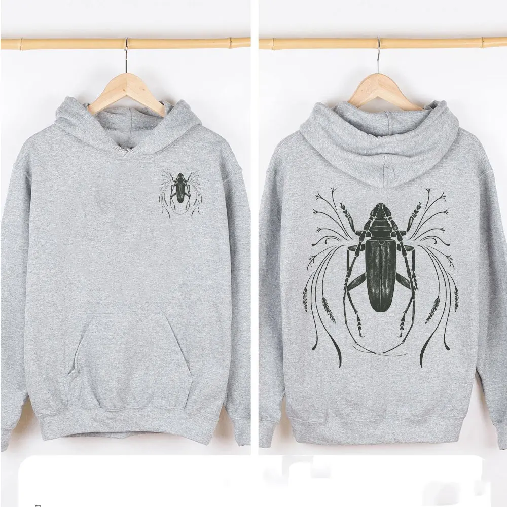 Hoodies Women Back Print Beetle Linocut Aesthetic Whimsical Folklore Insect Design Goblincore Bug Linoprint Entomology Y2k Tops