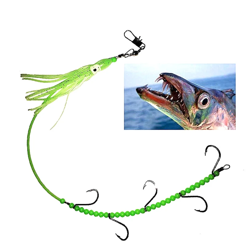 Sea Fishing Stringer Hooks With Bait Glow-In-The-Dark Squid Bait With 5 Hooks Stringer Hooks With Wire Octopus