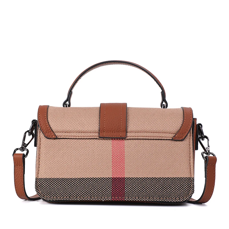 New women\'s single shoulder crossbody bag with plaid pattern canvas and high-quality cowhide small square bag