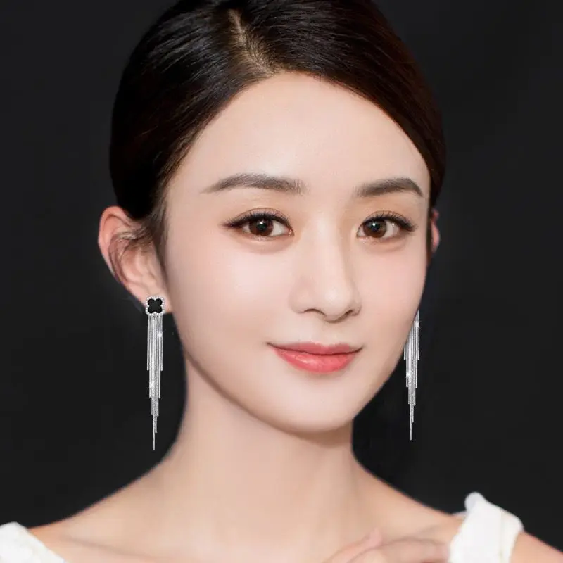 トレンディなロングタッセルイヤリング女性の韓国スタイルシルバーメッキエレガントスリミングフォレストシステムファッションジュエリーパールドロップイヤリング