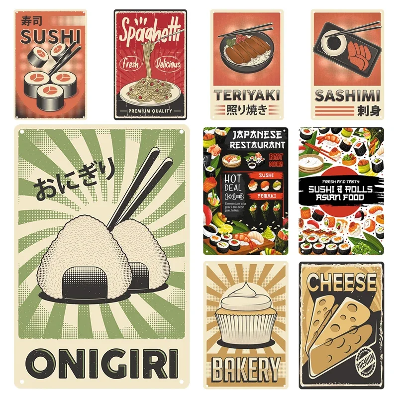 Retro Vintage Blechschild Traditionelles japanisches Essen Onigiri Sushi Teriyaki Sashimi Metallplakette für Shop Küche Home Wanddekoration