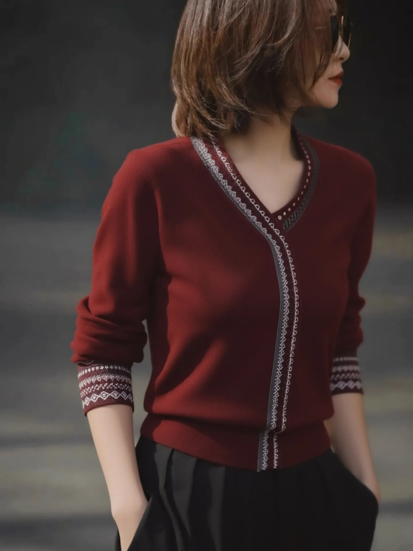 

Красный вязаный свитер Ele Long Sve Cisas, вишнево-красный трикотаж, модный зимний топ в корейском стиле для повседневной носки