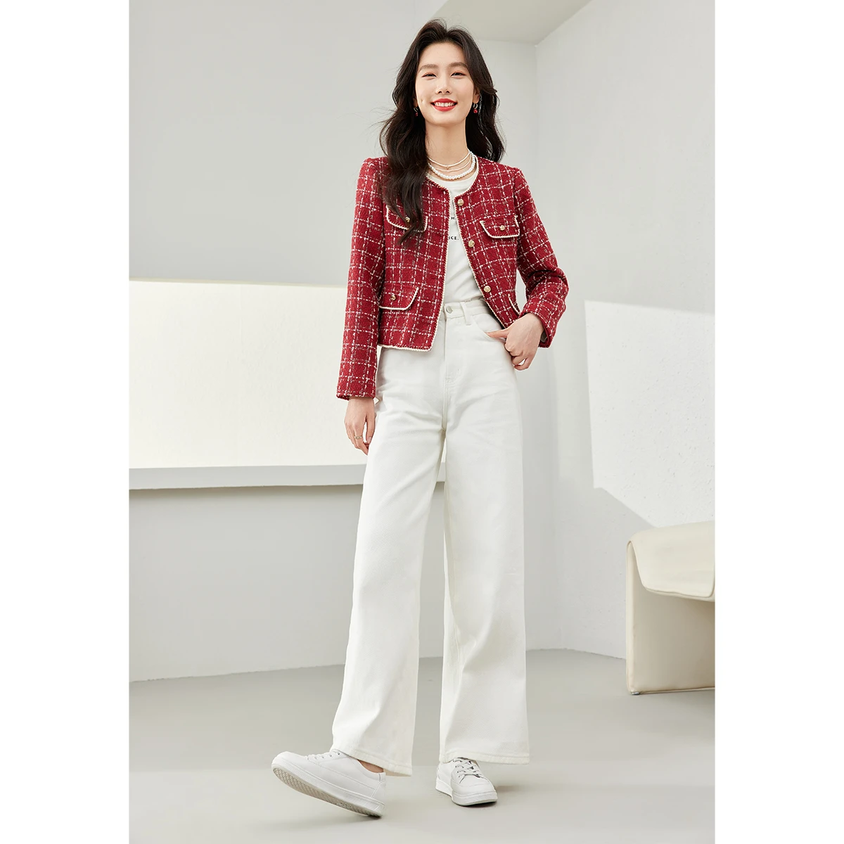 เสื้อแจ็คเก็ตผู้หญิงลายสก็อต VIMLY รุ่นหรูหรา ประจำฤดูใบไม้ร่วงปี 2025 แฟชั่นใหม่ สไตล์เรียบหรู คอทรงโอ ติดกระดุมแถวเดียว ใส่ได้หลากหลาย รุ่น M8855