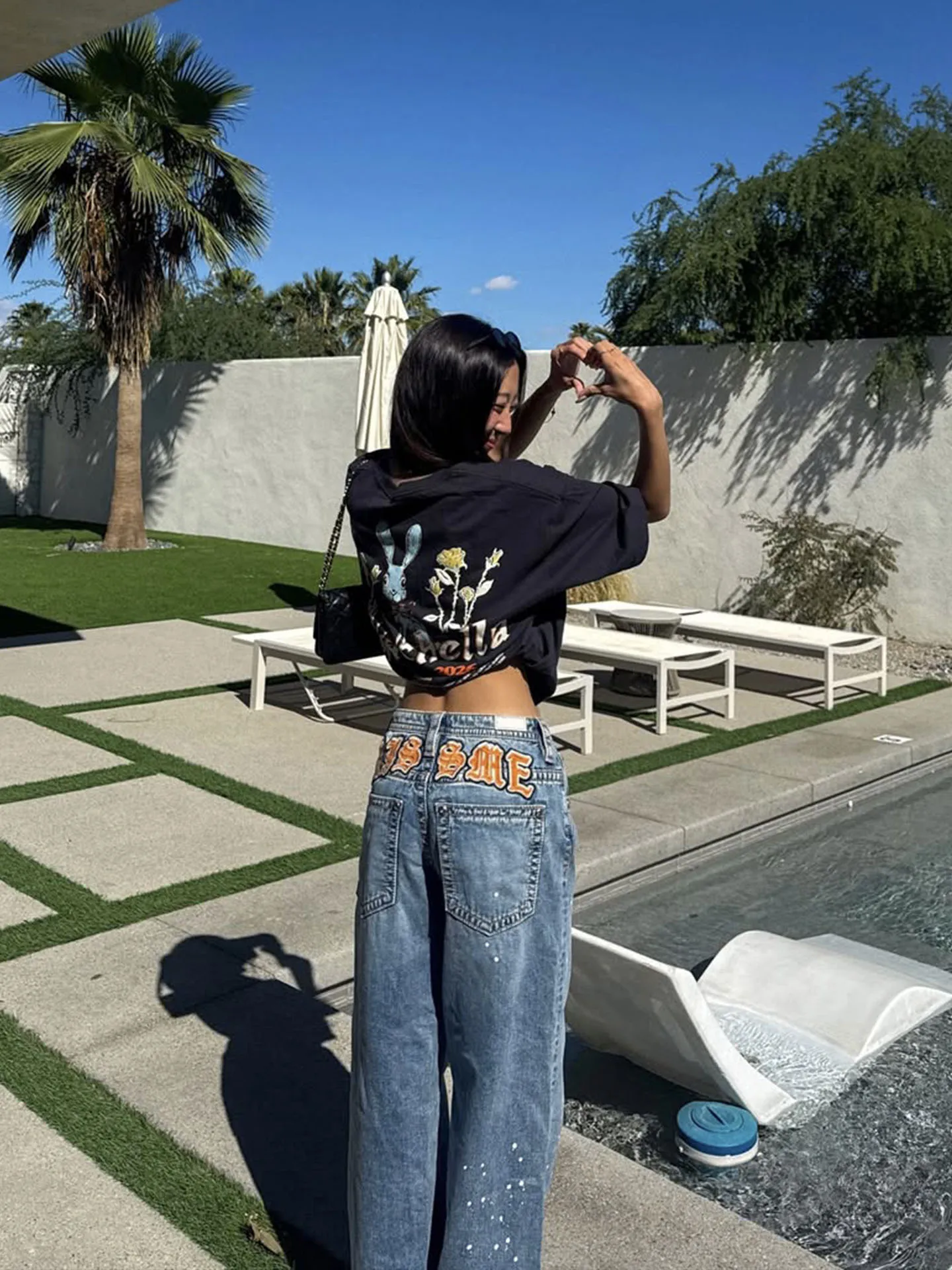 Missme Mid-Low Waist Blue Straight Leg Jeans Splashed Ink Design Orange Embroidery Long Trousers Women's Denim Jeans Summer 2026