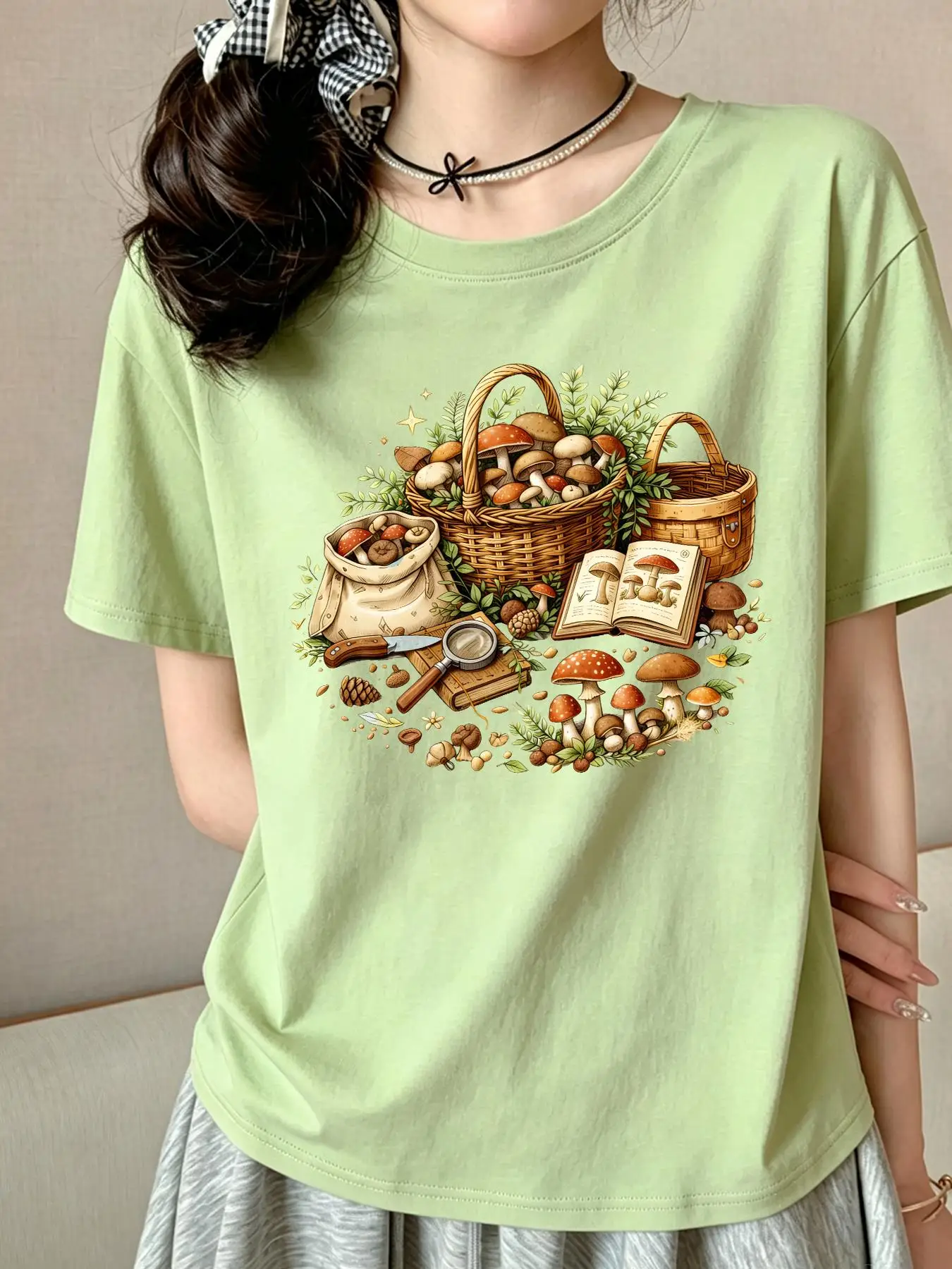 Wild Mushroom Hunt Printing T-Shirts Cotton Womens Summer Oversized Tops Casual Soft Short Sleeve T Shirts Basic O-Neck Clothes