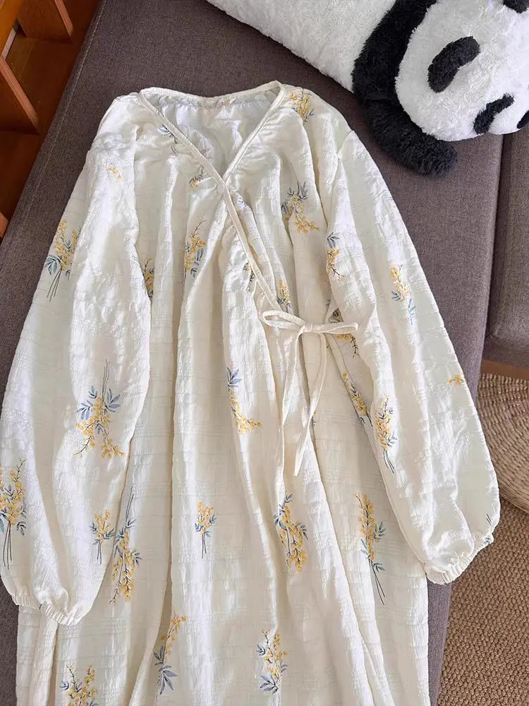 

New Style Nightgown for Women Spring Autumn Thin Lace-up Nightgown Polka Dot Long-sleeved Loose Maternity Home Wear Pajamas Girl