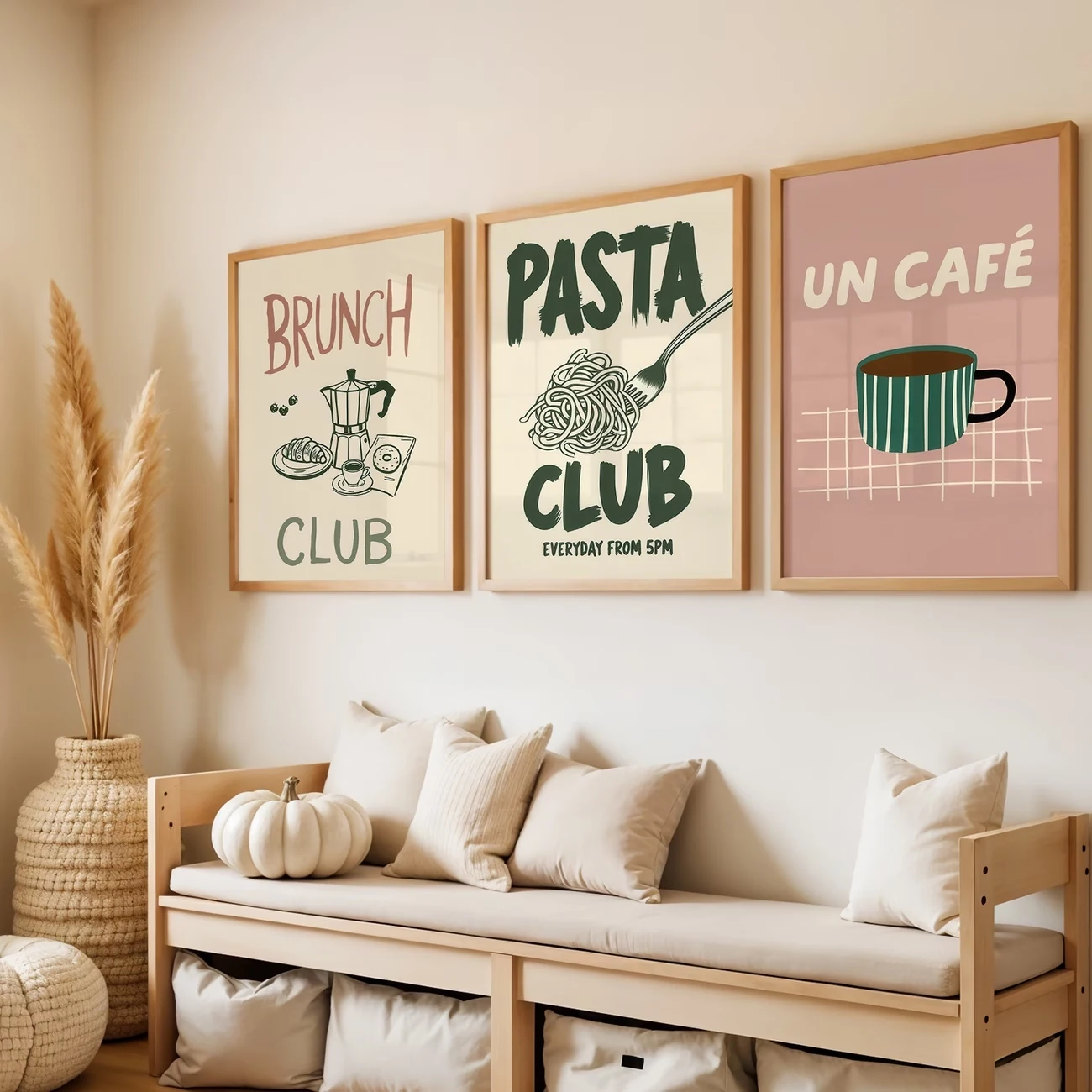 3pcsModern Pasta Club, Coffee, Green And Pink Wall Art Print Canvas Painting Poster Picture For Living Room,Bedroom Home Decor
