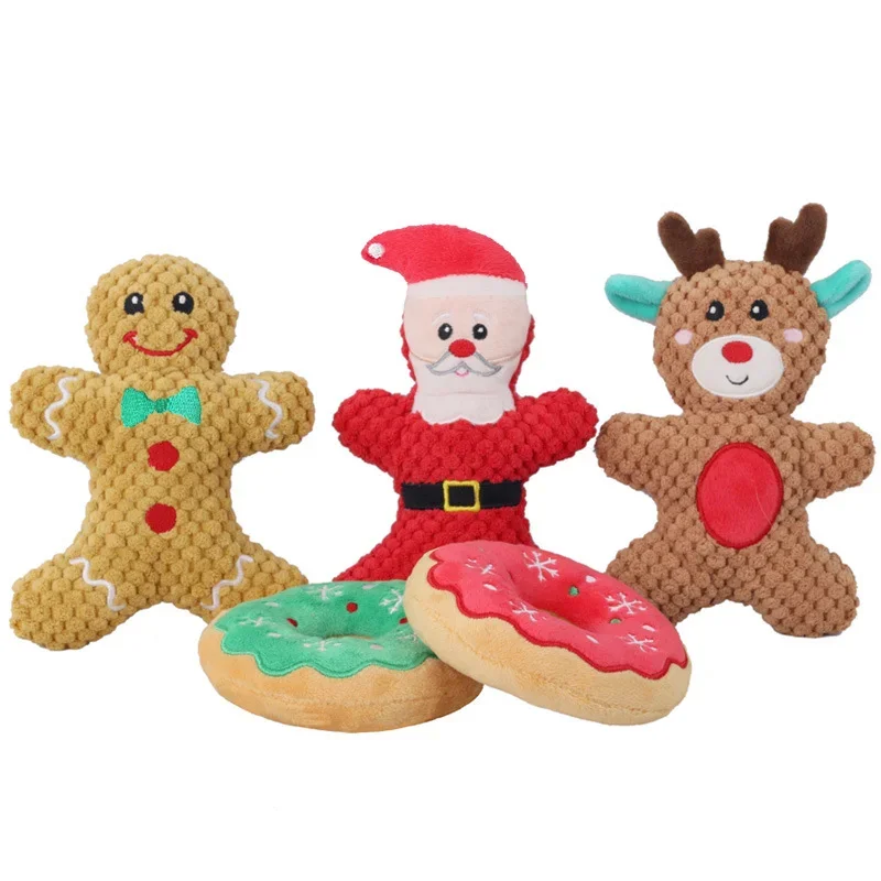 Xmas Pet Dog Plush Chew Toy Santa Elk Gingerbread Man Donut Cat Dog Christmas Series Cartoon Dog Toy Plush Squeak Toy Cookies