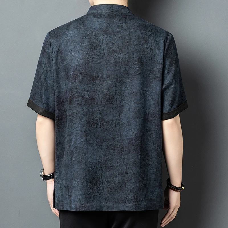 Gambiered Canton Gauze Shirts For Men Short Sleeve Skin-Friendly Summer Quality Natural Silk 100% Tang Costume Camisas De Hombre