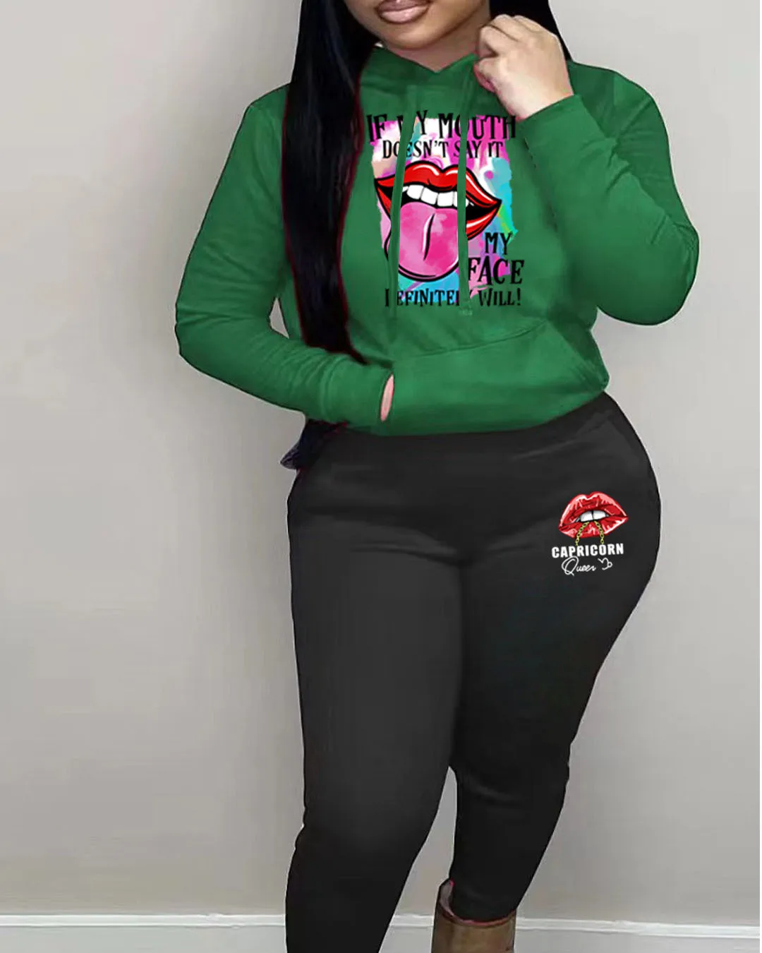 Damski dres jesienny, ciepły komplet: bluza z kapturem, dwuczęściowy, oversize, z nadrukami, casualowy, bluza z kapturem, długie spodnie.