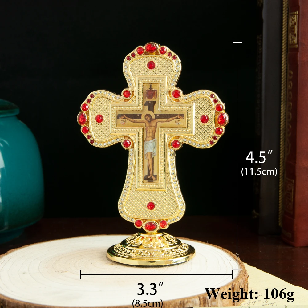 HT Customized Religious Orthodox Small Metal Cross of Jesus Icon Greek Russia Promotion Hot Selling Alloy Table Standing Cross