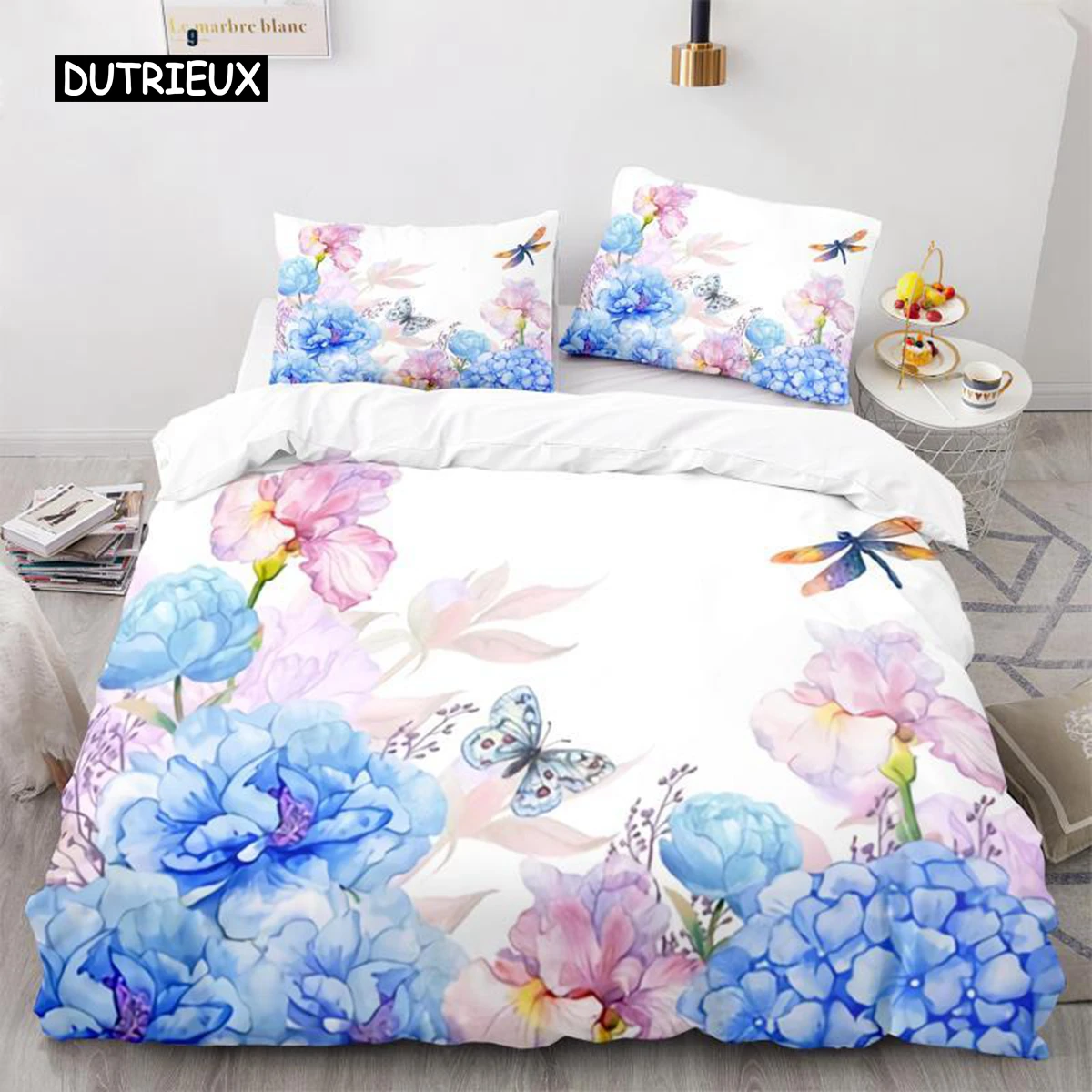 

Butterfly Duvet Cover Set Blue Butterflies And Dragonfly Design White Twin Bedding Set For Kids Teen Girl Microfiber Quilt Cover