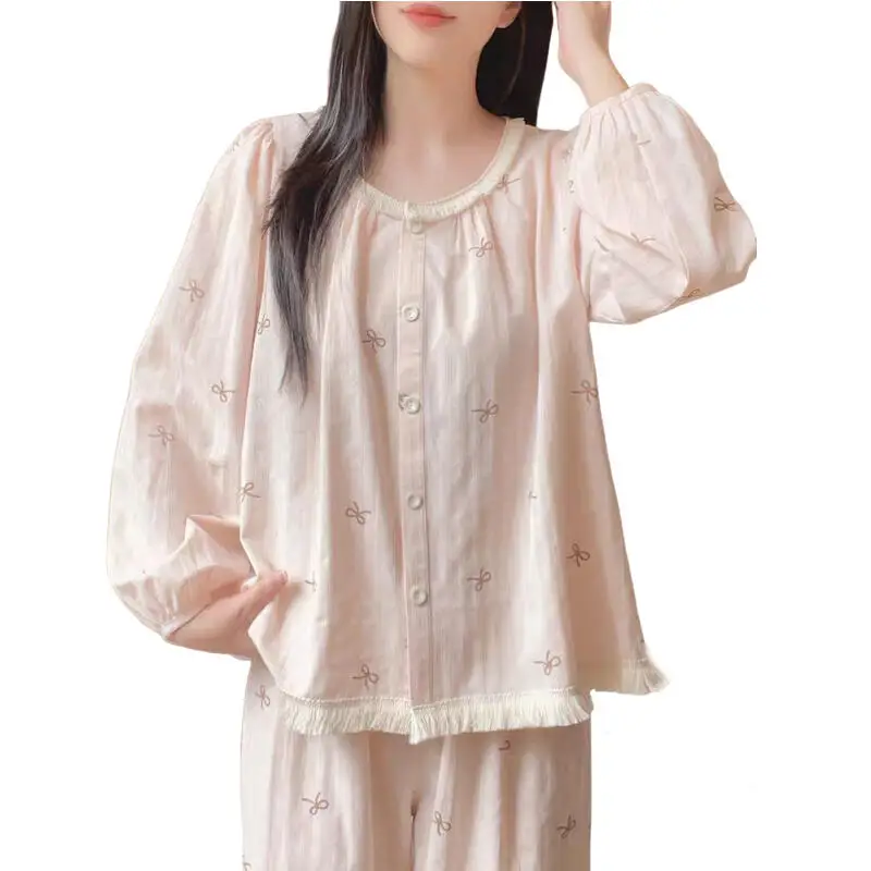 

Young Girl Lace Bow Pajamas Sets Princess Loose Long Sleeve Kawaii Sweet Leisure Wear Spring Autumn Clothes Girl's Gift Outside