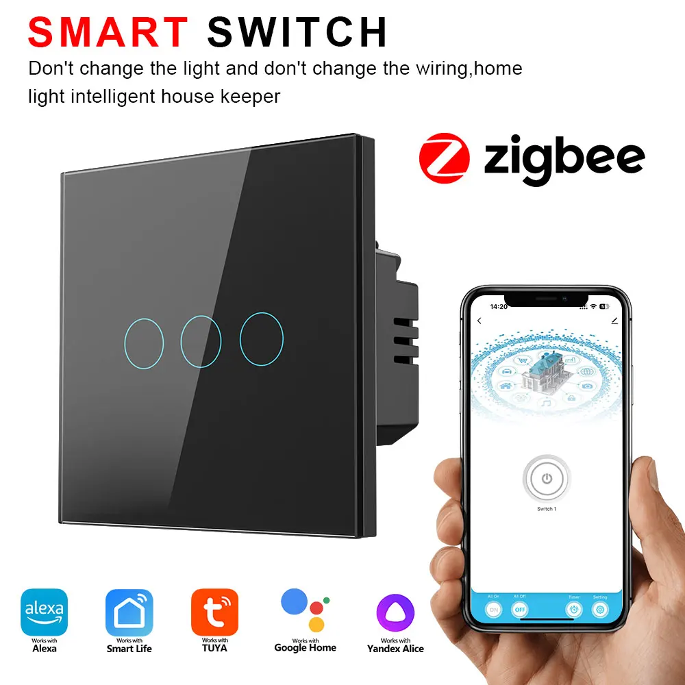 

Zigbee Smart Light Switch 1/2 Gang Touch Panel Voice Control Alexa Google Home Tuya App Remote Timing Slim Flame Retardant Wall