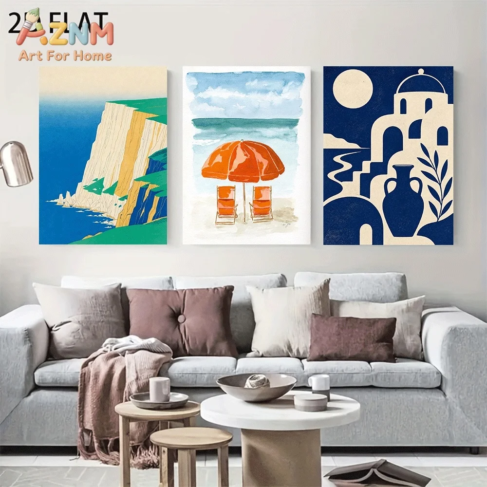 AZNM 3Pcs Abstract Coastal Cliff Beach Canvas Wall Art Mediterranean Building Umbrella Poster Modern Home Decor No Frame Paint
